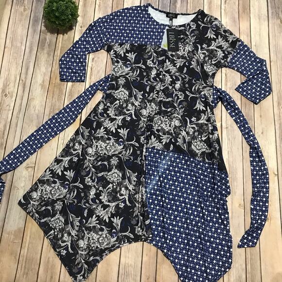LBISSE NWT Asymmetric Handkerchief Hem Pattern Mix Modest Midi Dress Size Large - Picture 1 of 3